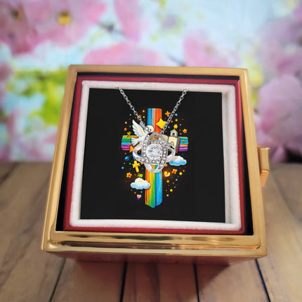 Rainbow Cross Open Bible | Christian Rose Gift Box - Love Knot Necklace | Gift for Kids