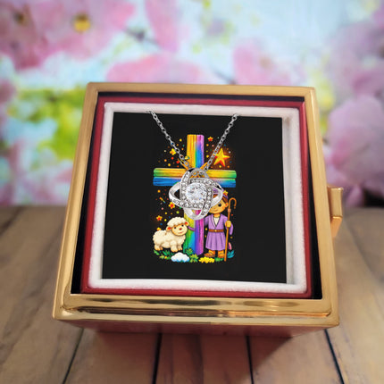 Rainbow Cross Little Shepherd | Christian Rose Gift Box - Love Knot Necklace | Gift for Kids