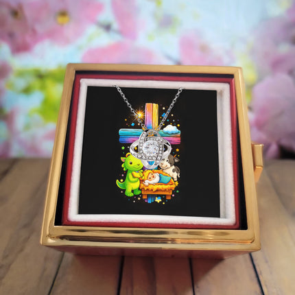 Rainbow Cross Frog And Cow | Christian Rose Gift Box - Love Knot Necklace | Gift for Kids