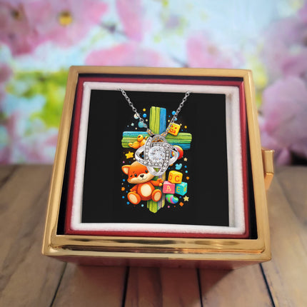 Rainbow Cross Little Fox | Christian Rose Gift Box - Love Knot Necklace | Gift for Kids