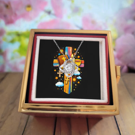 Rainbow Cross Bible And Cross | Christian Rose Gift Box - Love Knot Necklace | Gift for Kids