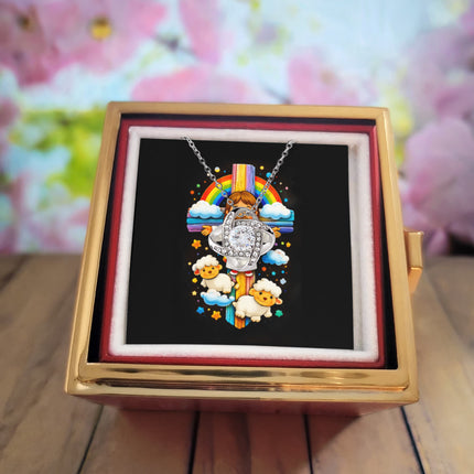 Rainbow Cross Jesus And Lamb | Christian Rose Gift Box - Love Knot Necklace | Gift for Kids