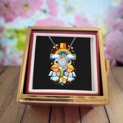 Rainbow Cross Cherub Angels | Christian Rose Gift Box - Love Knot Necklace | Gift for Kids