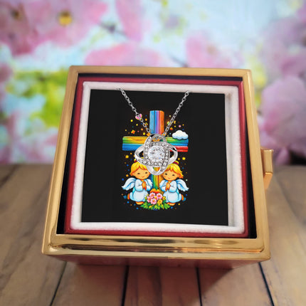 Rainbow Cross Angel Twins | Christian Rose Gift Box - Love Knot Necklace | Gift for Kids