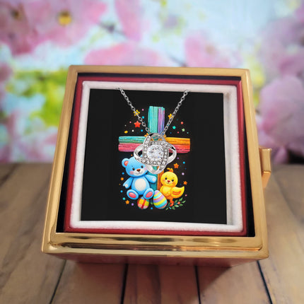 Rainbow Cross Teddy Bear | Christian Rose Gift Box - Love Knot Necklace | Gift for Kids
