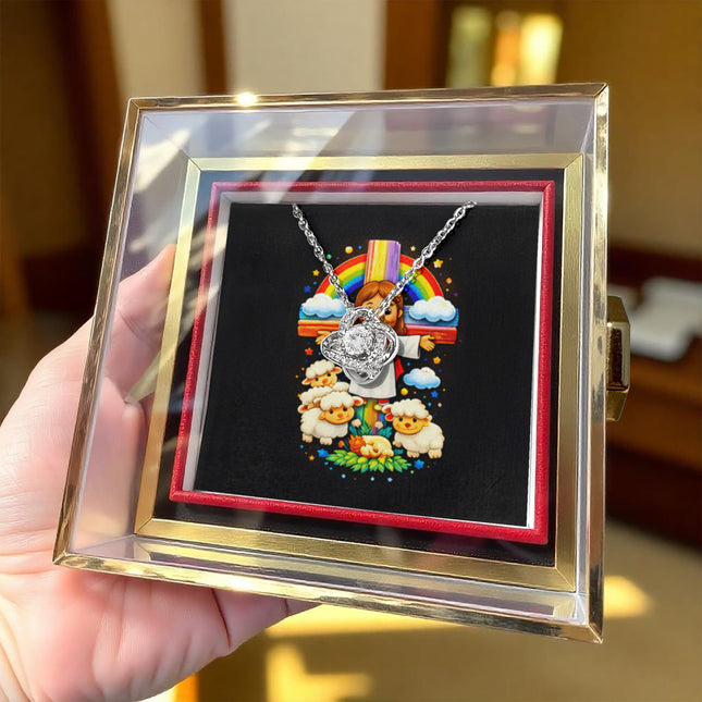 Jesus And Little Lambs | Christian Rose Gift Box - Love Knot Necklace | Gift for Kids