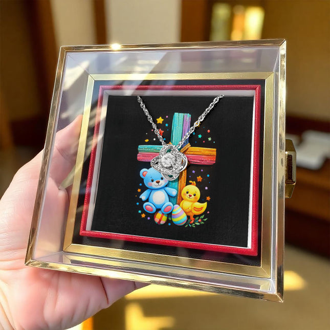 Rainbow Cross Teddy Bear | Christian Rose Gift Box - Love Knot Necklace | Gift for Kids