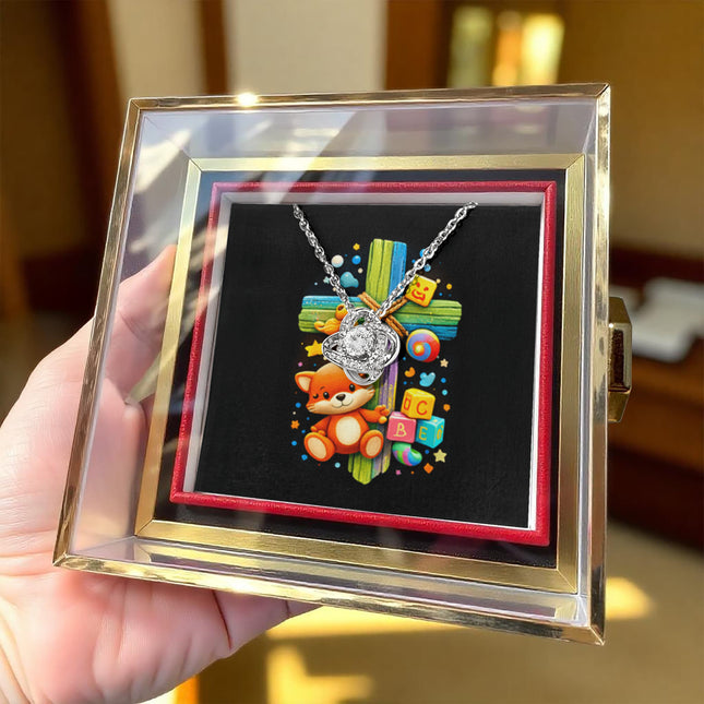 Rainbow Cross Little Fox | Christian Rose Gift Box - Love Knot Necklace | Gift for Kids