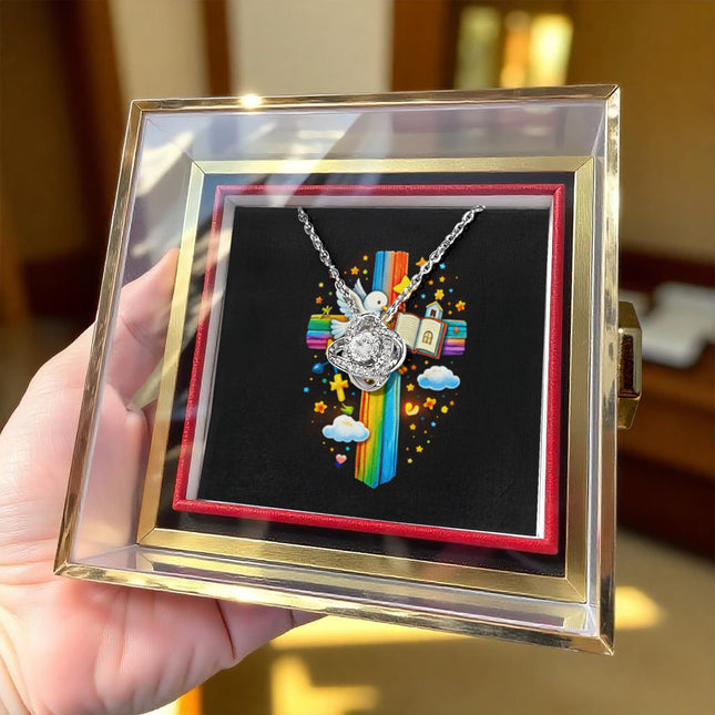 Rainbow Cross Open Bible | Christian Rose Gift Box - Love Knot Necklace | Gift for Kids