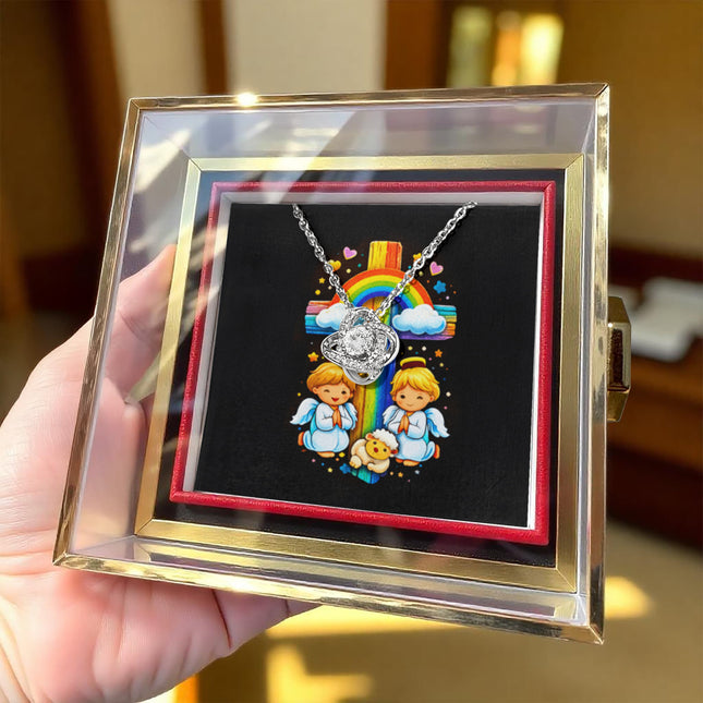 Rainbow Cross Cherub Angels | Christian Rose Gift Box - Love Knot Necklace | Gift for Kids
