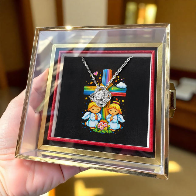 Rainbow Cross Angel Twins | Christian Rose Gift Box - Love Knot Necklace | Gift for Kids