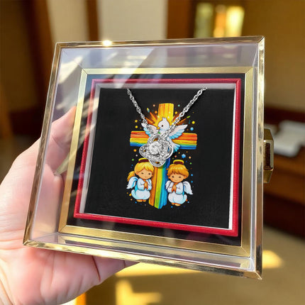 Rainbow Cross Angels And Dove | Christian Rose Gift Box - Love Knot Necklace | Gift for Kids
