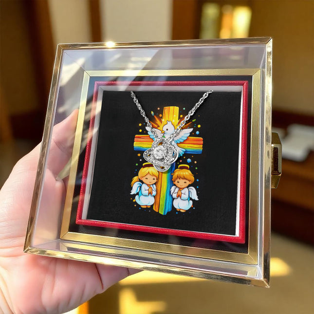 Rainbow Cross Angels And Dove | Christian Rose Gift Box - Love Knot Necklace | Gift for Kids