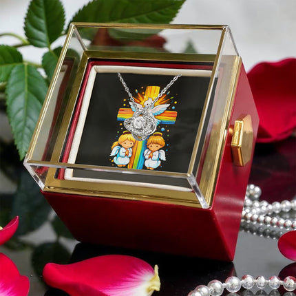 Rainbow Cross Angels And Dove | Christian Rose Gift Box - Love Knot Necklace | Gift for Kids