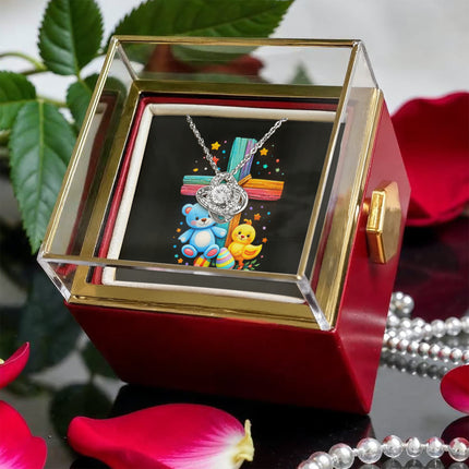 Rainbow Cross Teddy Bear | Christian Rose Gift Box - Love Knot Necklace | Gift for Kids