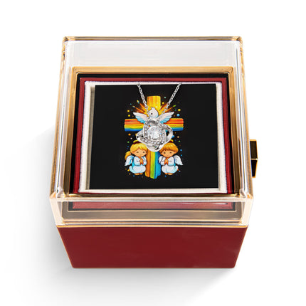 Rainbow Cross Angels And Dove | Christian Rose Gift Box - Love Knot Necklace | Gift for Kids