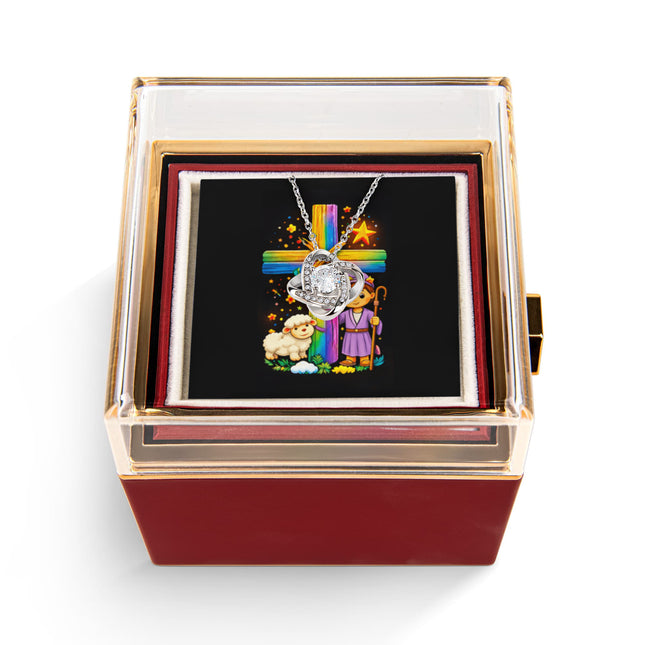 Rainbow Cross Little Shepherd | Christian Rose Gift Box - Love Knot Necklace | Gift for Kids
