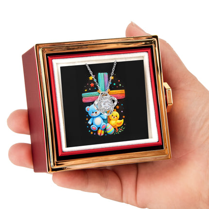 Rainbow Cross Teddy Bear | Christian Rose Gift Box - Love Knot Necklace | Gift for Kids