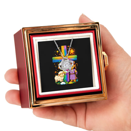 Rainbow Cross Little Shepherd | Christian Rose Gift Box - Love Knot Necklace | Gift for Kids