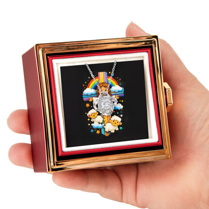 Rainbow Cross Jesus And Lamb | Christian Rose Gift Box - Love Knot Necklace | Gift for Kids