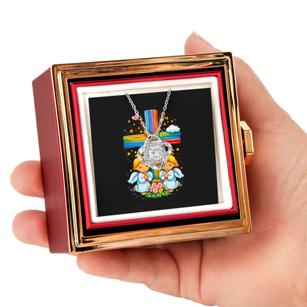 Rainbow Cross Angel Twins | Christian Rose Gift Box - Love Knot Necklace | Gift for Kids