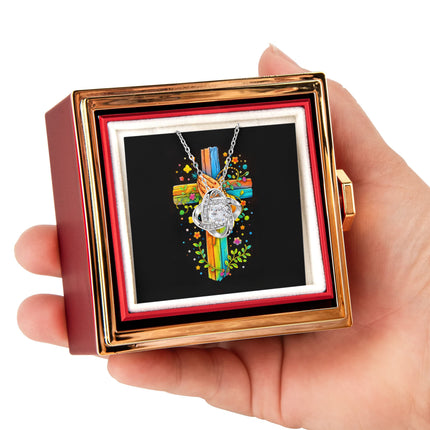 Rainbow Cross Praying Hands | Christian Rose Gift Box - Love Knot Necklace | Gift for Kids