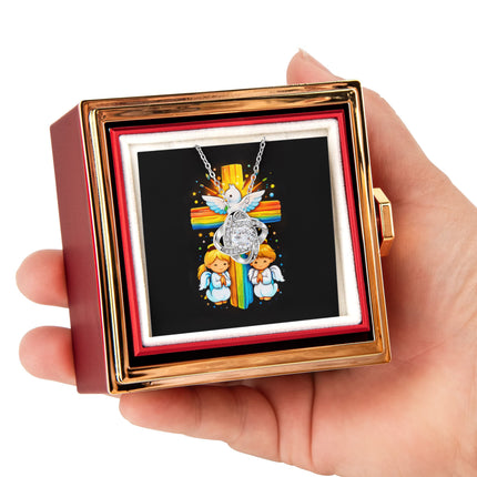 Rainbow Cross Angels And Dove | Christian Rose Gift Box - Love Knot Necklace | Gift for Kids