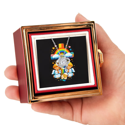 Rainbow Cross Cherub Angels | Christian Rose Gift Box - Love Knot Necklace | Gift for Kids