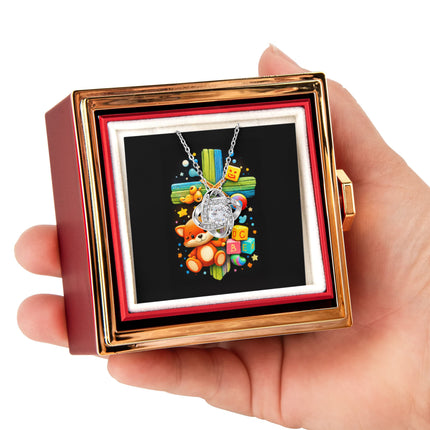Rainbow Cross Little Fox | Christian Rose Gift Box - Love Knot Necklace | Gift for Kids