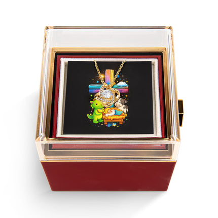 Rainbow Cross Frog And Cow | Christian Rose Gift Box - Love Knot Necklace | Gift for Kids