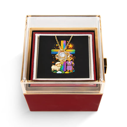 Rainbow Cross Little Shepherd | Christian Rose Gift Box - Love Knot Necklace | Gift for Kids