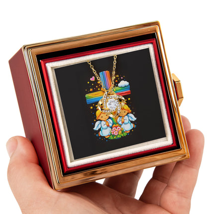 Rainbow Cross Angel Twins | Christian Rose Gift Box - Love Knot Necklace | Gift for Kids