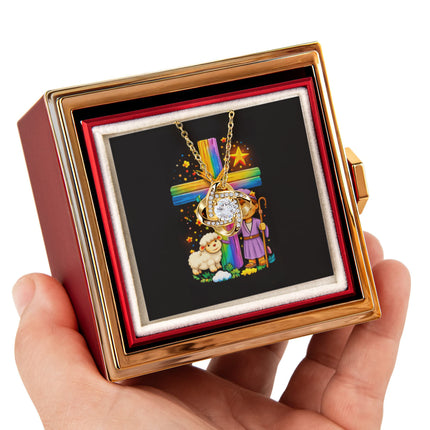 Rainbow Cross Little Shepherd | Christian Rose Gift Box - Love Knot Necklace | Gift for Kids