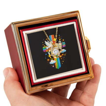 Rainbow Cross Open Bible | Christian Rose Gift Box - Love Knot Necklace | Gift for Kids