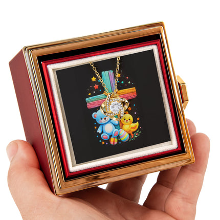 Rainbow Cross Teddy Bear | Christian Rose Gift Box - Love Knot Necklace | Gift for Kids