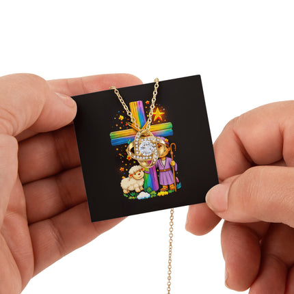 Rainbow Cross Little Shepherd | Christian Rose Gift Box - Love Knot Necklace | Gift for Kids