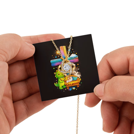 Rainbow Cross Frog And Cow | Christian Rose Gift Box - Love Knot Necklace | Gift for Kids