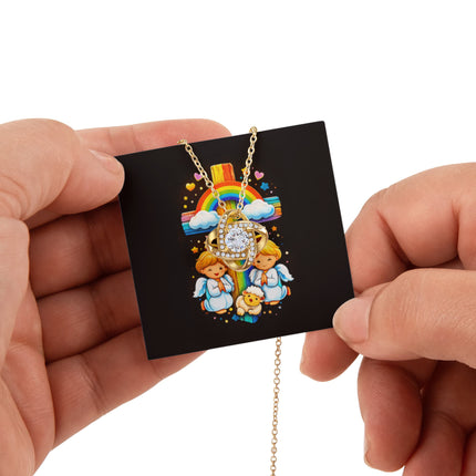 Rainbow Cross Cherub Angels | Christian Rose Gift Box - Love Knot Necklace | Gift for Kids