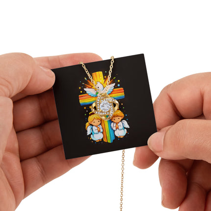 Rainbow Cross Angels And Dove | Christian Rose Gift Box - Love Knot Necklace | Gift for Kids
