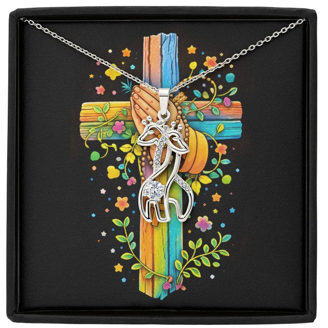 Rainbow Cross Praying Hands | Christian Giraffe Necklace | Gift for Kids