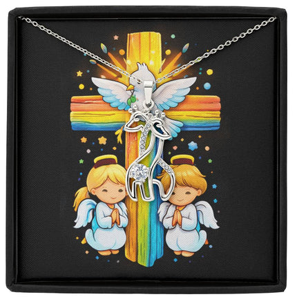 Rainbow Cross Angels And Dove | Christian Giraffe Necklace | Gift for Kids