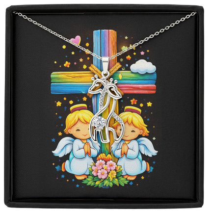 Rainbow Cross Angel Twins | Christian Giraffe Necklace | Gift for Kids