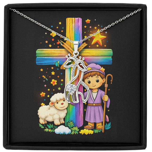 Rainbow Cross Little Shepherd | Christian Giraffe Necklace | Gift for Kids