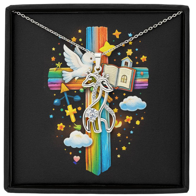 Rainbow Cross Open Bible | Christian Giraffe Necklace | Gift for Kids