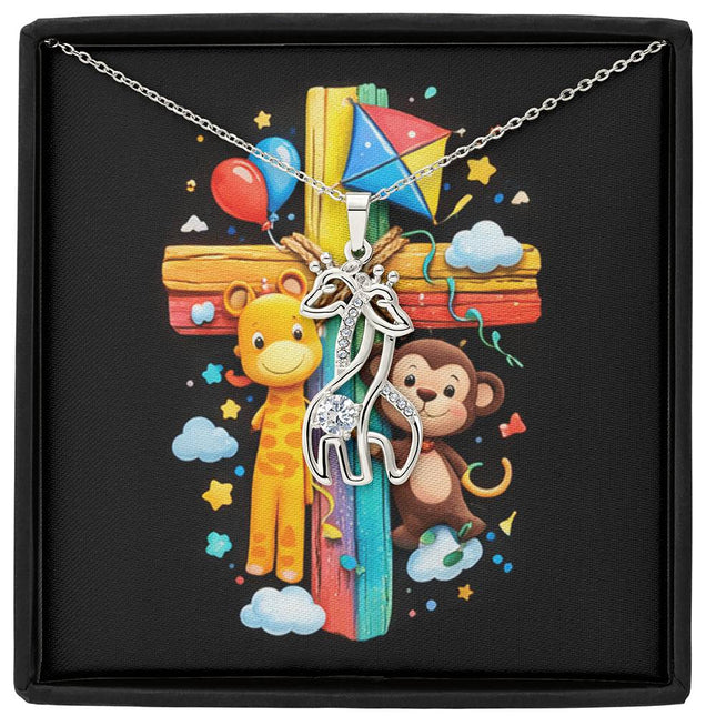 Rainbow Cross Jungle Animals | Christian Giraffe Necklace | Gift for Kids