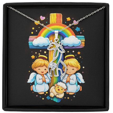 Rainbow Cross Cherub Angels | Christian Giraffe Necklace | Gift for Kids