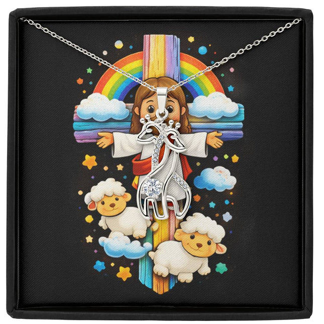 Rainbow Cross Jesus And Lamb | Christian Giraffe Necklace | Gift for Kids