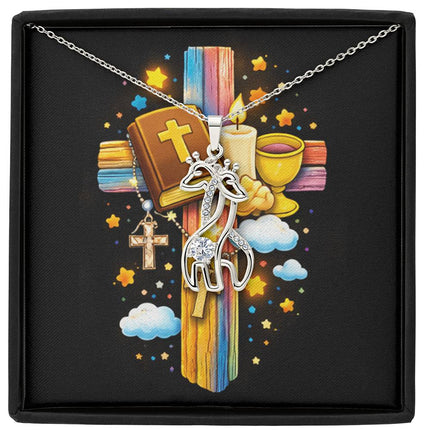 Rainbow Cross Bible And Cross | Christian Giraffe Necklace | Gift for Kids