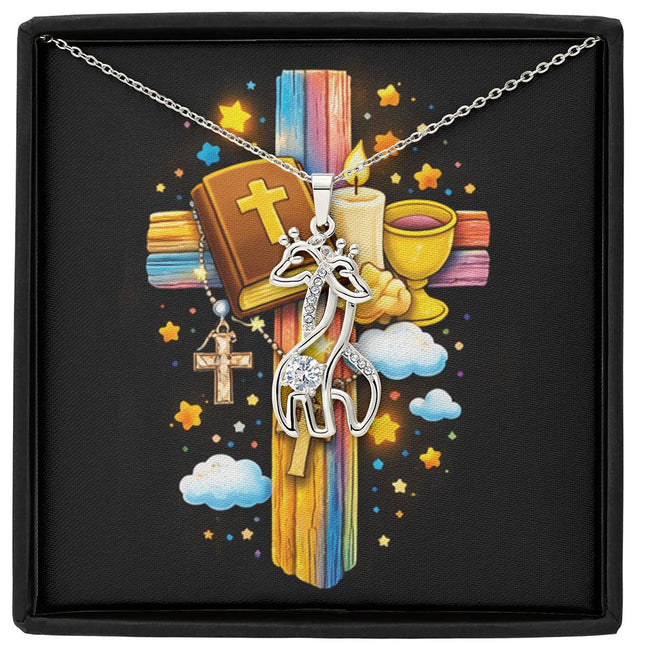 Rainbow Cross Bible And Cross | Christian Giraffe Necklace | Gift for Kids