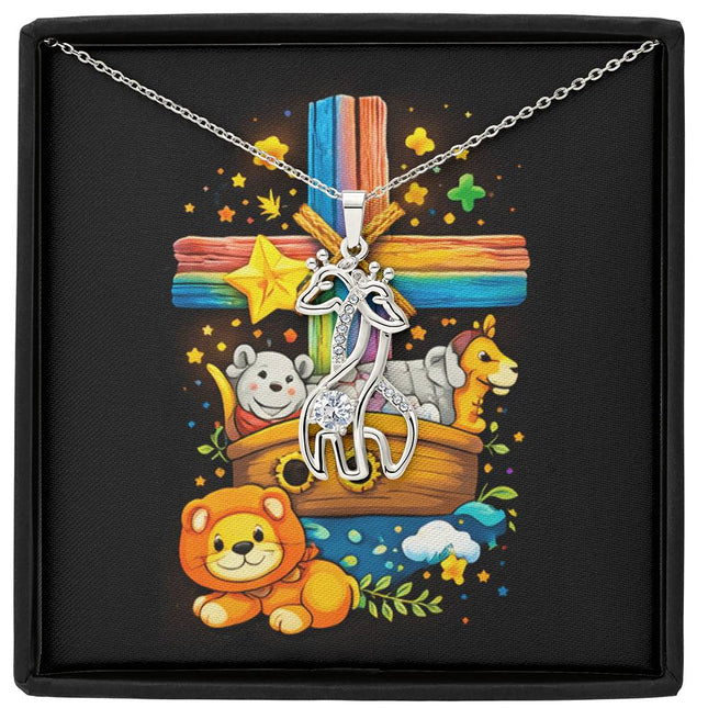 Rainbow Cross Noahs Ark | Christian Giraffe Necklace | Gift for Kids